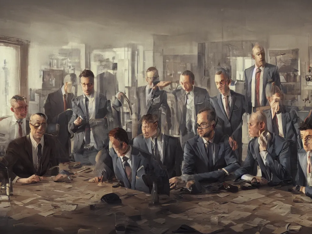 Image similar to a portrait of men in suits with tie sitting on a large table and discussing the world in a painting from stalenhag, 4 k, 8 k, hdr, artstation, concept art