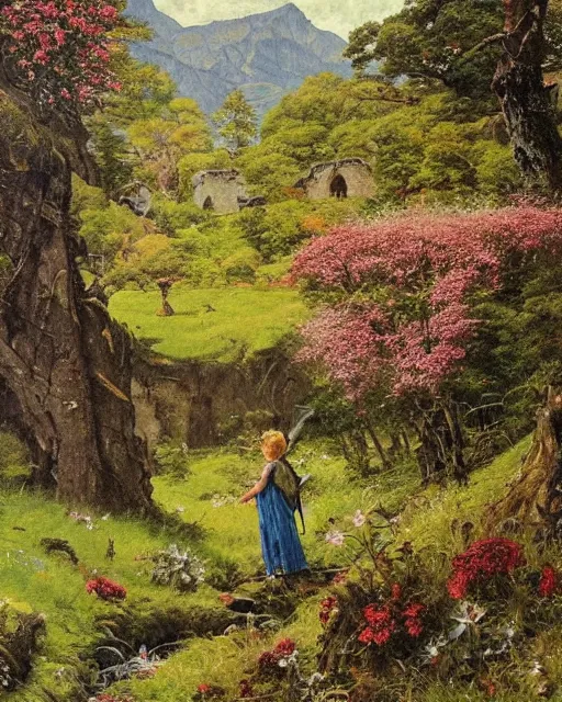 Image similar to detailed painting of a beautiful glen, untouched by humans for years, with a brooding fairy inside it. sunlight beams down on the scene and you can tell it is spring from the flowers. perhaps a party of adventurers or a lone traveler is entering the scene from the a path. by norman rockwell