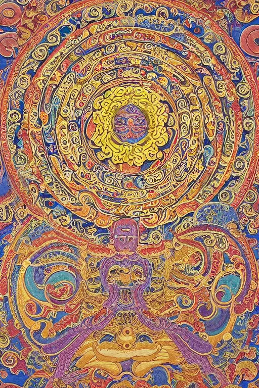 Prompt: an ornate ultradetailed tibetan thangka, A giant lotus mandala, celestial bodies, Post apocalyptic, flying through time, portal into anotheer dimension, giant lotus mandala, intricate tapestry, by yoshitaka amano, hiroshi yoshida, moebius, trending on instagram, 8k, HD, gigapixel, highly detailed, epic, exquisite, great coherency, painted on silk, realistic proportions, Tibetan art, Thangka painting, Buddhist art, Medieval Art, Asian Art, Sacred Geometry, sharpness applied, hyperrealism