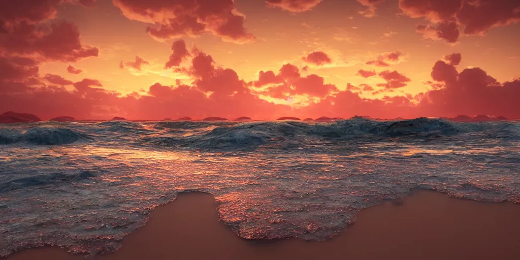 Prompt: a photo of a beach at sunset, turbulent sea, high coherence, highly detailed, high quality, 8K, path tracing, breathtaking landscape, cinematic lighting, concept art, octane render, unreal engine 5, trending on Artstation, soft light, godrays, complementary colors, natural lighting, sand