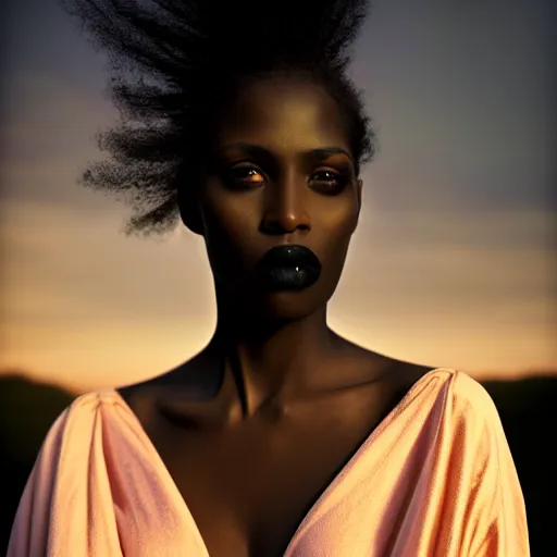 Image similar to photographic portrait of a stunningly beautiful gothic west african female in soft dreamy light at sunset, contemporary fashion shoot, by edward robert hughes, annie leibovitz and steve mccurry, david lazar, jimmy nelsson, breathtaking, 8 k resolution, extremely detailed, beautiful, establishing shot, artistic, hyperrealistic, beautiful face, octane render