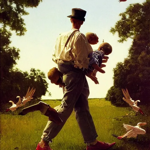 Image similar to a man is chasing away a stork. the stork is carrying a human baby. the man has a shotgun. they're in a trailer park. norman rockwell painting. highly detailed, high quality, 8 k, soft lighting, realistic face, path traced