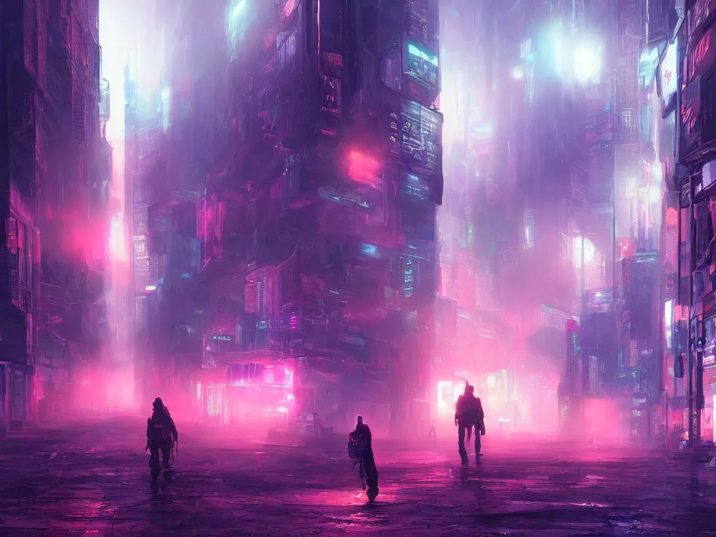 Image similar to a highly detailed digital painting of a nomad wandering a sci - fi cyberpunk city, neon lights, volumetric lighting, atmospheric fog, epic composition, artstation