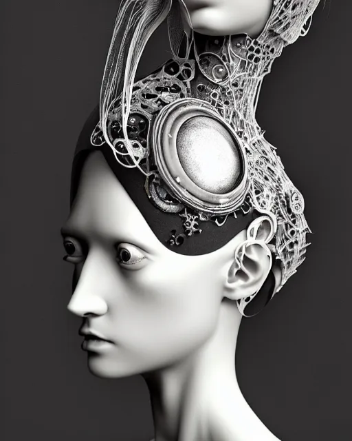 Image similar to black and white dreamy foggy smoky profile face portrait, one silver steampunk eye biomechanical beautiful young female cyclope - cyborg - robot bust, body ribs meshes,, volumetric light, hibiscus flowers, by hg giger, rim light, by dora maar and cecile beaton, big gothic fashion pearl embroidered collar, 8 k