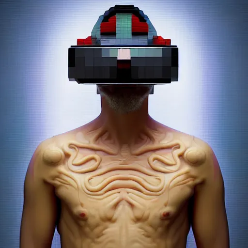 Image similar to Colour Caravaggio and Voxel style full body portrait Photography of Highly detailed Man with 1000 years old perfect face with reflecting glowing skin wearing highly detailed sci-fi VR headset designed by Josan Gonzalez. Many details . In style of Josan Gonzalez and Mike Winkelmann and andgreg rutkowski and alphonse muchaand and Caspar David Friedrich and Stephen Hickman and James Gurney and Hiromasa Ogura. Rendered in Blender and Octane Render volumetric natural light