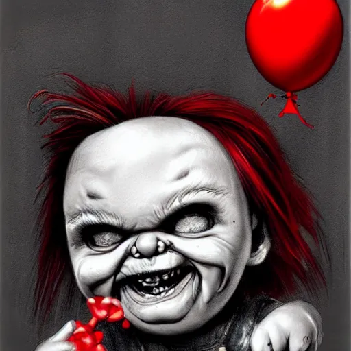 Prompt: surrealism grunge cartoon portrait sketch of chucky with a wide smile and a red balloon by - michael karcz, loony toons style, comic book style, horror theme, detailed, elegant, intricate