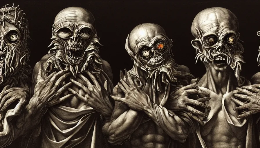 Prompt: highly detailed three wise dark rotting gods sit on the trons, see no evil, hear no evil, speak no evil, night, death, fear, horror, religion, monochrome, by caravaggio, hyperrealism, detailed and intricate environment