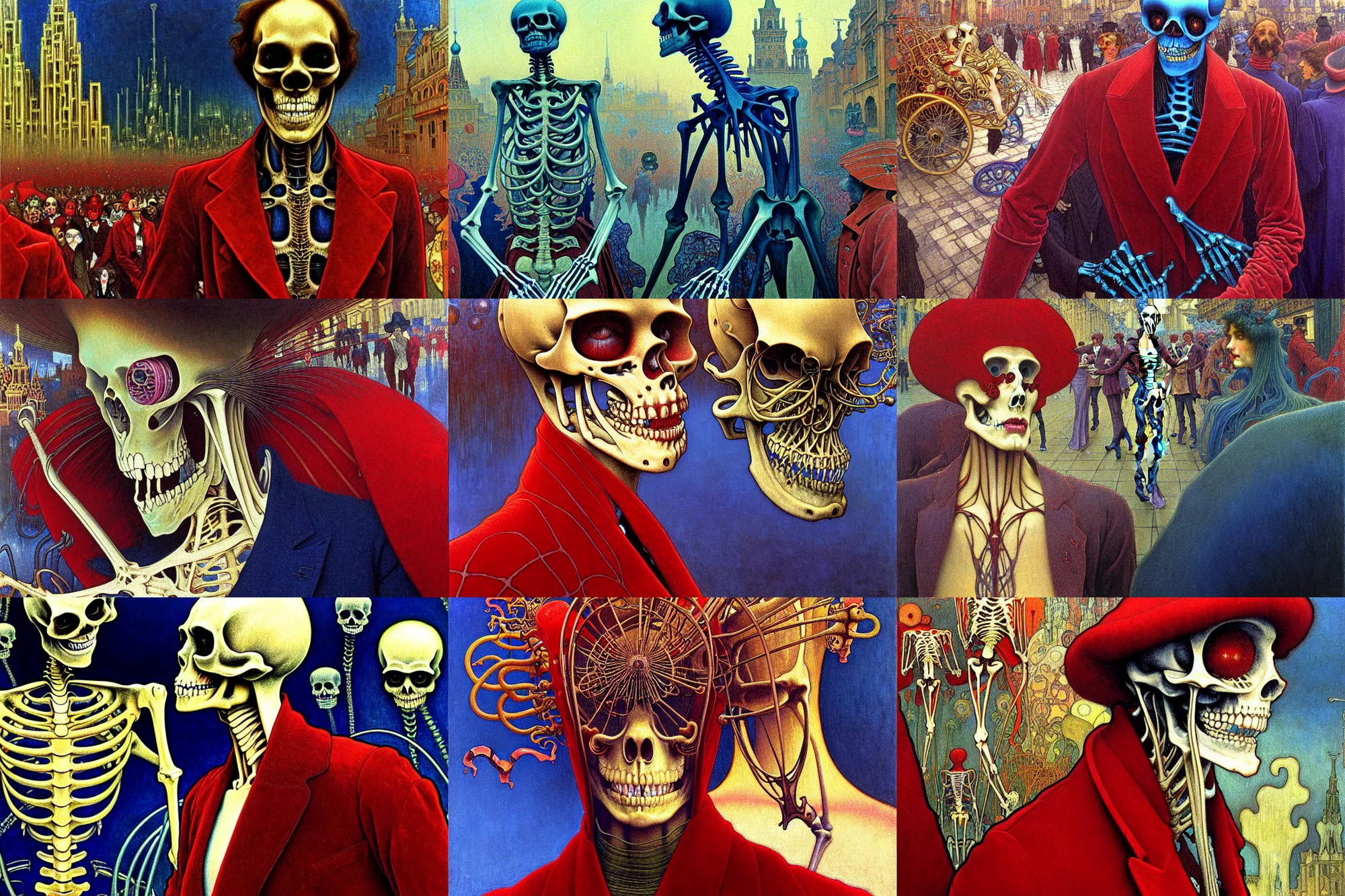 Prompt: realistic detailed closeup portrait painting of a single skeleton wearing crimson velvet blazer in a crowded futuristic moscow street by jean delville, amano, yves tanguy, alphonse mucha, ernst haeckel, ilya repin, edward robert hughes, andrei tarkovsky, roger dean, rich moody colours, blue eyes