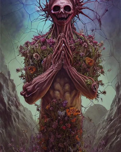 Image similar to the platonic ideal of flowers, rotting, insects and praying of cletus kasady carnage davinci dementor chtulu mandala ponyo dinotopia the witcher, fantasy, ego death, decay, dmt, psilocybin, concept art by randy vargas and greg rutkowski and ruan jia and zdzisław beksinski