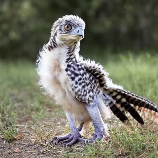 Image similar to cute baby raptor with feathers sitting on the ground