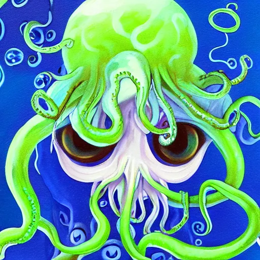 Image similar to Cthlulu!!!!!!!!!!!!!!! Squid-face lovecraftian eldritch profile pic, oil painting, tentacles, glow galaxy background,