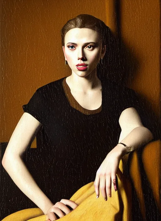 Image similar to portrait of scarlett johansson, oil painting byjohannes vermeer, 1 7 th century, art, oil on canvas, wet - on - wet technique, realistic, expressive emotions, intricate textures, illusionistic detail