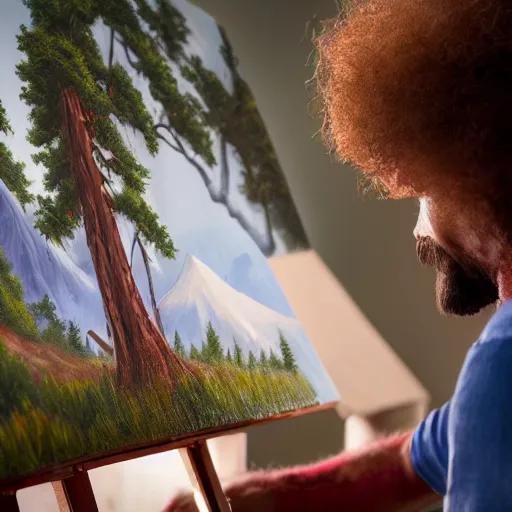 Image similar to a closeup photorealistic photograph of bob ross working on a canvas painting of deadpool. film still. brightly lit scene. mountains and trees. this 4 k hd image is trending on artstation, featured on behance, well - rendered, extra crisp, features intricate detail, epic composition and the style of unreal engine.