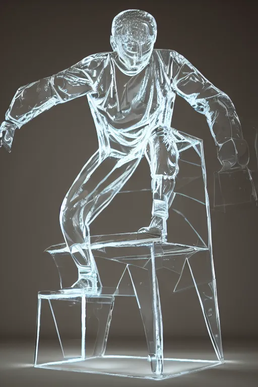 Image similar to transparent ice sculpture of squatting man in tracksuit, shiny, ultra realistic render, 4k, volumetric lighting, highly detailed, studio lighting, octane render, glowng, cold mist