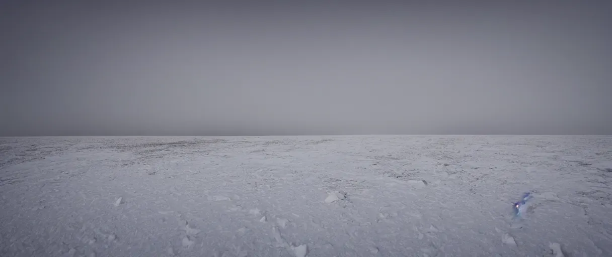 Image similar to a high quality color creepy atmospheric wide shot hd 4 k film 3 5 mm photograph of very heavy blizzard in desolate antarctica with a single trail of footsteps in the snow