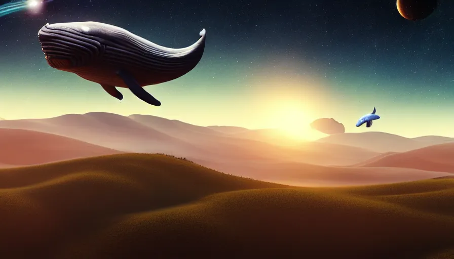 Image similar to highly detailed cinematic scifi render of a flying whale over the tuscany skies, cypresses and hills, stars and planets, hyper detailed, digital art, led lighting, studio quality, smooth render, unreal engine 5, octane render, trending on artstaion.