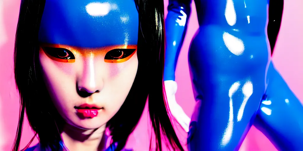 Image similar to a close - up risograph of cyberpunk japanese model girl with black eyes and pretty face wearing latex catsuit and lots of transparent and cellophane accessories, blue hour, twilight, cool, portrait, kodachrome, iso 1 2 0 0, painting by moebius