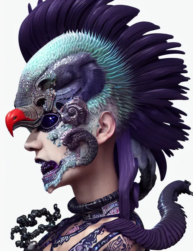 Image similar to 3 d goddess close - up profile portrait punk with mohawk with ram skull. beautiful intricately detailed japanese crow kitsune mask and clasical japanese kimono. betta fish, jellyfish phoenix, bio luminescent, plasma, ice, water, wind, creature, artwork by tooth wu and wlop and beeple and greg rutkowski