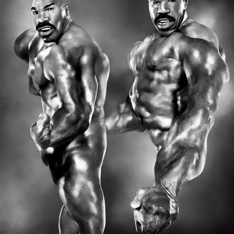 Prompt: award - winning photograph of steve harvey as a wrestler, promotional picture, very highly detailed, cinematic lighting, spotlights, muscular, photo, sharp, clear