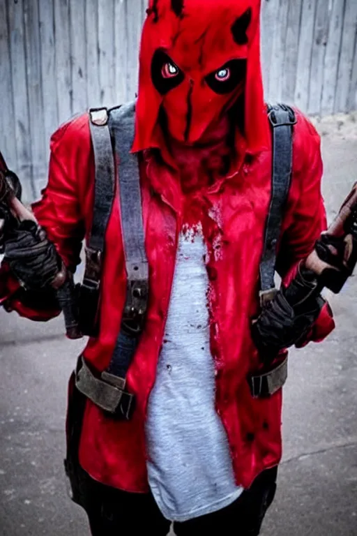 Image similar to red hood cosplay, creepy, disturbing, bloody