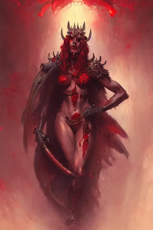 Image similar to very attractive demon queen with red eyes painting by gaston bussiere, craig mullins, luis rollo, torso portrait, digital painting, highly detailed, artstation, sharp focus, illustration, concept art, full hd