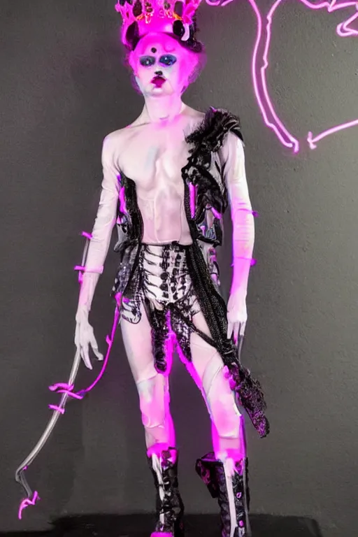 Image similar to full-body rococo and cyberpunk style neon statue of a seductive attractive Spanish android sin ropa in a macho heroic pose, bem dotado, piroca, pecho peludo, ethereal white dripping tar, glowing orange lasers, pink tigers, glowing eyes, silver prince crown, black gears, pink diamonds, swirling mint-colored silk fabric. futuristic elements. full-length view. human skulls. large intricate artwork by caravaggio. trending on cgsociety, trending on artstation, octane render, cinematic lighting from the right, hyper realism, octane render, 8k, depth of field, 3D