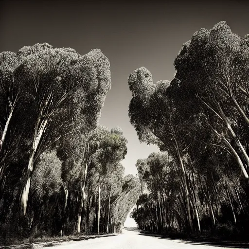 Image similar to long exposure photograph of eucalyptus trees, strong wind, back light, dslr, photographed by trent parke