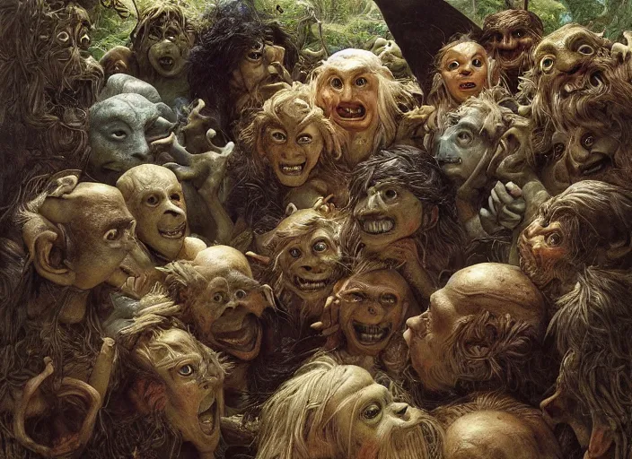 Image similar to jim henson's labyrinth. stone walls. a wrecking crew of five goblins. by edgar maxence and caravaggio and michael whelan and delacroix style, artistic, intricate painting, cinematic lighting, hyper realistic, extremely detailed, vivid colors, establishing shot, dramatic lighting