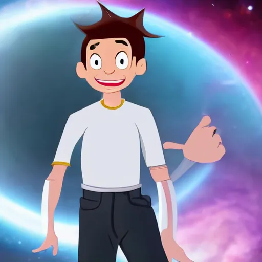 Prompt: a male cartoon teen lost in space with an evil grin and injuries wearing white shirt and short hair near a black hole