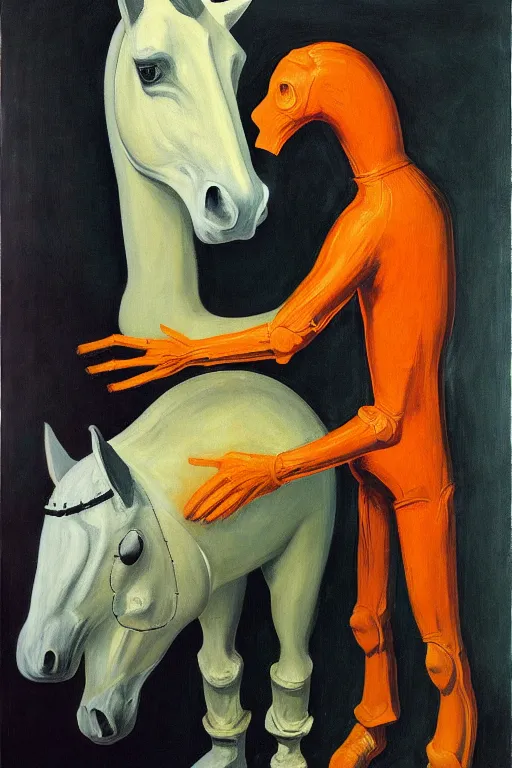 Image similar to man in horse costume, horse in costume astronaut, hauntingly surreal, highly detailed painting by francis bacon, edward hopper, adrian ghenie, gerhard richter, and james jean soft light 4 k,