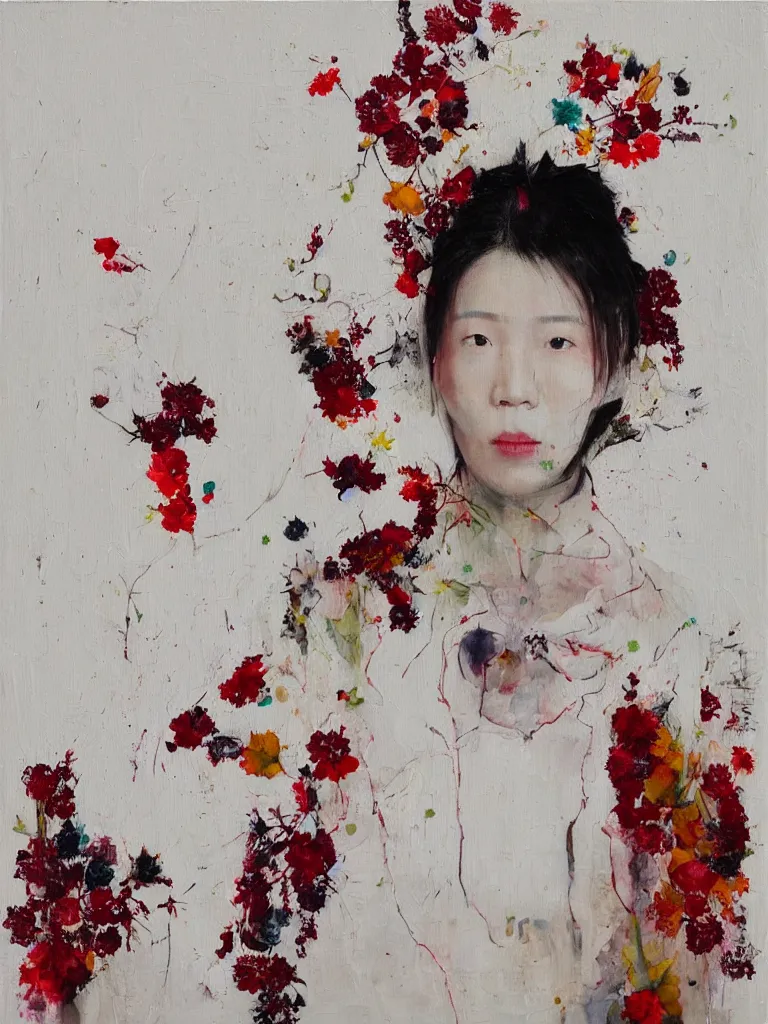 Prompt: “art in an Australian artist’s apartment, portrait of a Japanese woman wearing loose-fitting white cotton cloth, stained with fresh berries and maple syrup, white wax, edible flowers, acrylic and spray paint and oilstick on canvas”