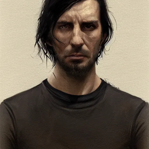 Image similar to Portrait of a man by Greg Rutkowski, he is about 30 years old, messy long black hair, tired appearance, roman nose, german features, wearing black t-shirt, highly detailed portrait, digital painting, artstation, concept art, smooth, sharp foccus ilustration, Artstation HQ.