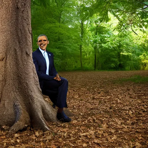 Image similar to Happy Obama playing hide and seek behind a tree in a forest, 40nm lens, 4k