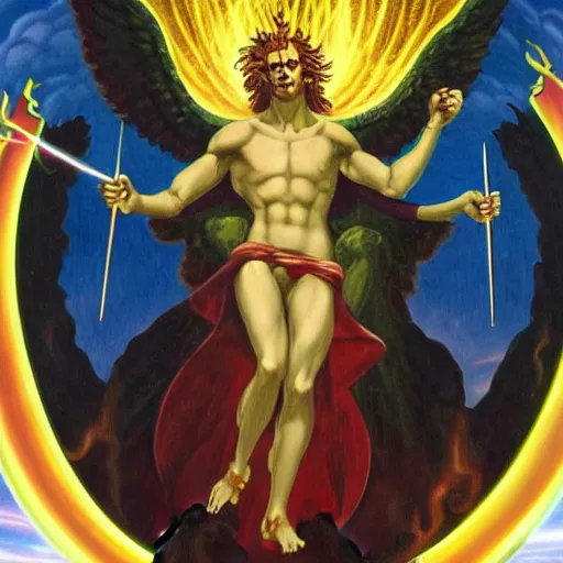 Prompt: Oil canvas of Lucifer, ruler of Inferno, capital sin of Pride, Superbia, natural blonde gold like hair, intricate sophisticated well rounded face, good bone structure, bright glowing eyes as LEDs and neon, lean body, porcelain looking skin, attractive and good looking, tall, invincible, poses triumphantly over Michael the archangel in Heaven, flaming sword, by Michelangelo, Caravaggio,Leonardo da Vinci, Raphael, Donatello and Sandro Botticelli, Dark Fantasy mixed with Socialist Realism, exquisite art, art-gem, dramatic representation, hyper-realistic, atmospheric scene, cinematic, trending on ArtStation, photoshopped, deep depth of field, intricate detail, finely detailed, small details, extra detail, attention to detail, detailed picture, symmetrical, 2D art, digital art, golden hour, oil painting, 8k, 4k, high resolution, unreal engine 5, octane render, arnold render, 3-point perspective, polished, complex, stunning, breathtaking, awe-inspiring, award-winning, ground breaking, concept art, nouveau painting masterpiece