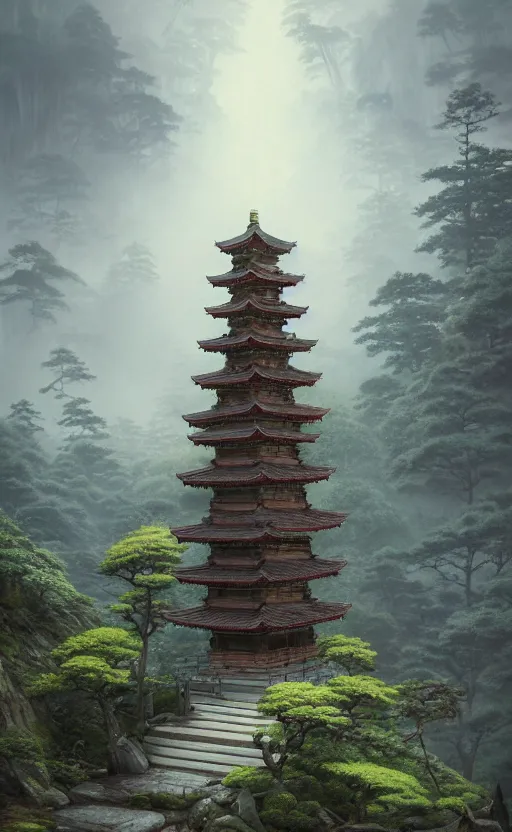 Prompt: japanese style shrine on top of a misty mountain overgrown, hyper realistic, lush gnarly plants, 8 k, denoised, by greg rutkowski, tom bagshaw, james gurney cinematic lighting