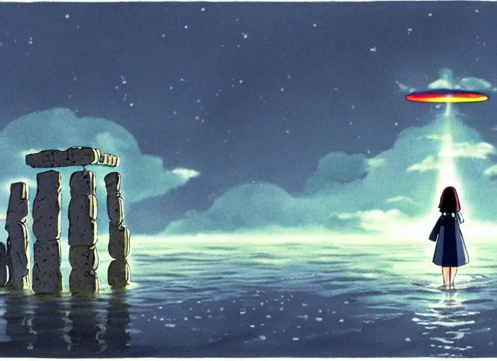 Image similar to a realistic cell - shaded studio ghibli concept art from paprika ( 2 0 0 6 ) of a flying multi - colored cube from close encounters of the third kind ( 1 9 7 7 ) and a grey long - haired witch in a flooded stonehenge on a misty starry night. very dull colors, wide shot, hd, 4 k, hq