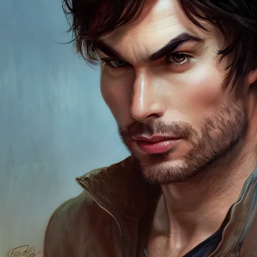 Image similar to portrait of ian somerhalder, wide angle, intricate, wild, highly detailed, digital painting, artstation, concept art, smooth, sharp focus, illustration, art by artgerm and greg rutkowski and alphonse mucha - W 768