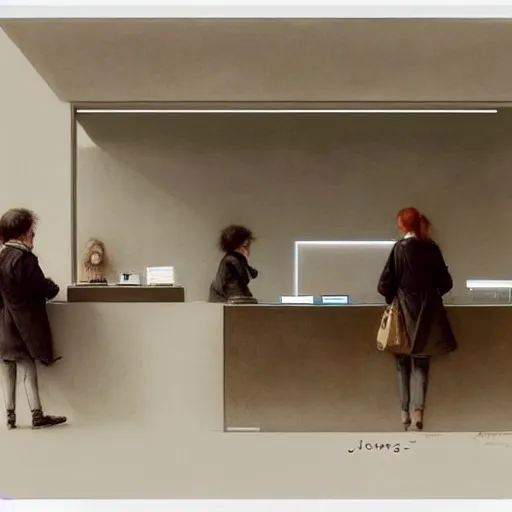 Prompt: ( ( ( 2 0 5 0 s minimalist customer service counter at a flagship retail interior samsung microsoft apple muted colors. ) ) ) by jean - baptiste monge!!!!!!!!!!!!!!!!!!!!!!!!!!!