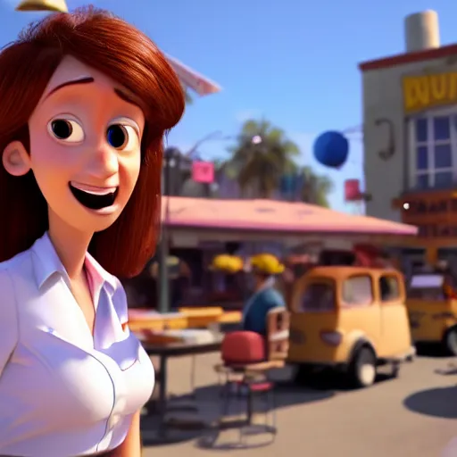 Prompt: a tired and over-heated young female bartender with brown hair serving people alcohol under the hot sun, 3d, pixar, animation, 4k UHD