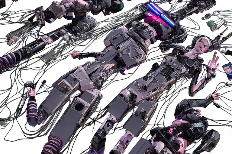 Image similar to a cyberpunk illustration of a group of coherent female androids in style of masamune shirow, lying on an empty, white floor with their bodies broken scattered rotated in different poses and cables and wires coming out, by yukito kishiro and katsuhiro otomo, hyper-detailed, intricate