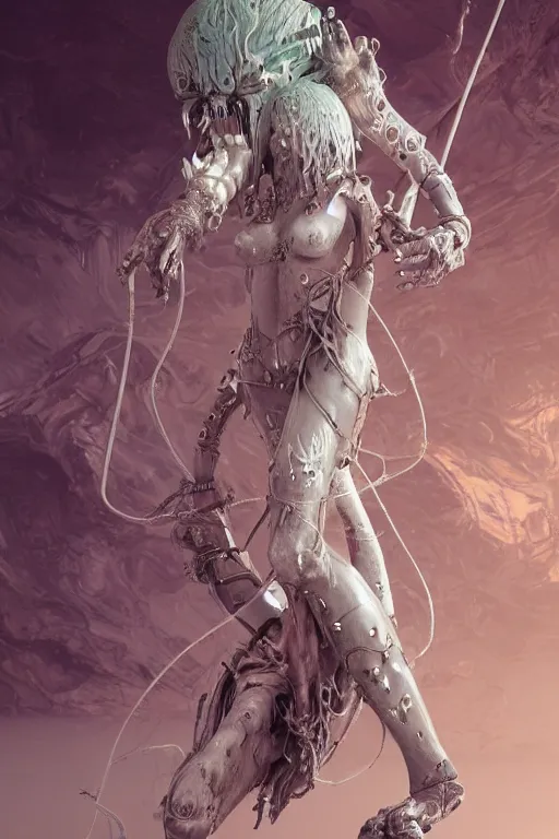 Image similar to epic 3 d oxaguian, ifa deity, liquid hands and feet spinning, 2 0 mm, with white and silver swords melting smoothly into asymmetrical cables and future technology, liquid, calm, peaceful, intricate, houdini sidefx, trending on artstation, by jeremy mann and ilya kuvshinov, jamie hewlett and ayami kojima, 3 d render