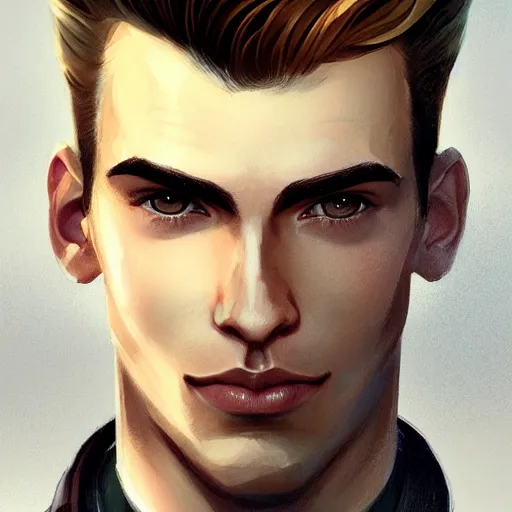 Image similar to tall man in his twenties with brown blond short quiff hair and round facial structure with cleft chin, straight eyebrows, slightly smiling, cheekbones, wide face, shadow of beard, atmospheric lighting, painted, intricate, 4 k, highly detailed by charlie bowater