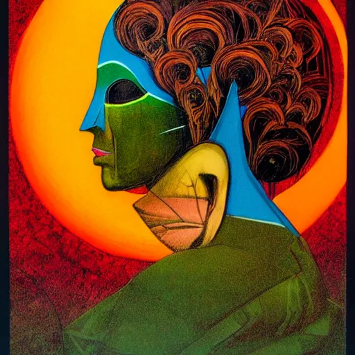 Image similar to Art in the style of Bob Peak, Gaia, Mother Earth, side portrait, mask inside mask