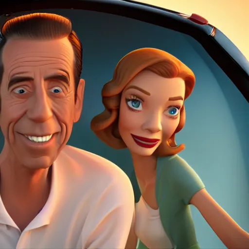 Prompt: humphrey bogart and lauren bacall, pixar style disney style. Octane render, studio lighting.