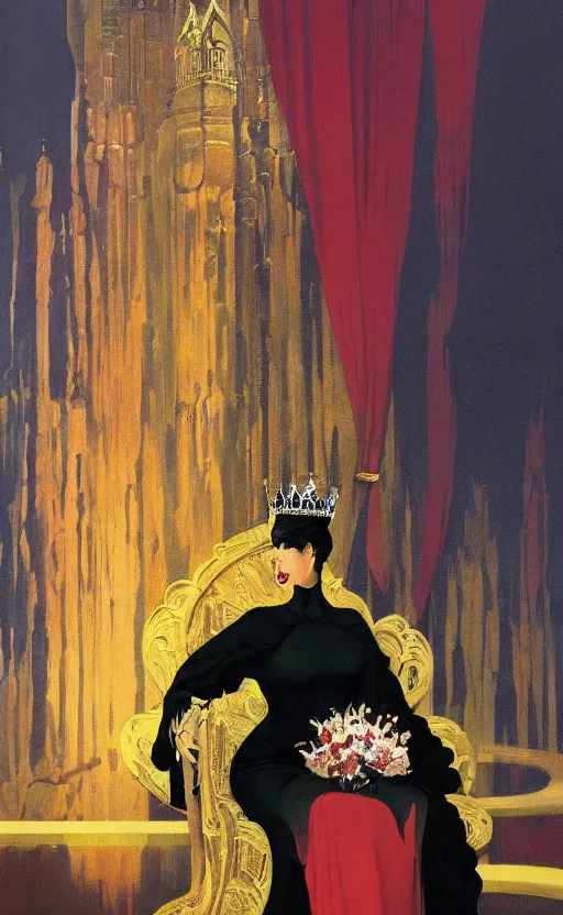 Image similar to an oil painting of a queen in a black funeral dress sitting on a throne, by bruce pennington, by eyvind earle