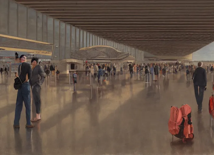 Image similar to people inside future airport, figures, in the style of matt murphy, enes dirig, jeremy enecio, intricate, miles johnston, monet, cynical realism, john william godward, painterly, yoshitaka amano, miles johnston, louise zhang, matt murphy, enes dirig, pekka halonen, finnish naturalism, realism