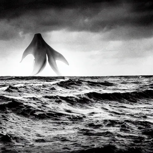 Prompt: black and white photo of an impossible eldritch horror emerging from the ocean.