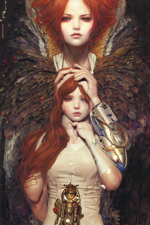 Image similar to portrait of beautiful young angel, cyberpunk, Warhammer, highly detailed, artstation, illustration, art by Gustav Klimt and Range Murata and Ilya Kuvshinov and Sakimichan