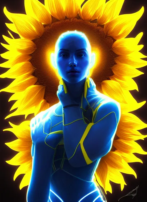 Image similar to symmetry!! portrait of a sunflower, sci - fi, tech wear, blue and yellow glowing lights!! intricate, elegant, highly detailed, digital painting, artstation, concept art, smooth, sharp focus, illustration, art by artgerm and greg rutkowski and alphonse mucha