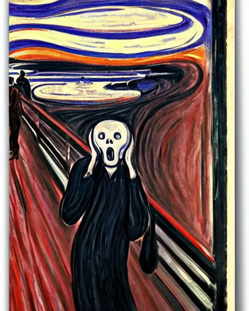 Image similar to a painting of ghostface in the scream by edvard munch